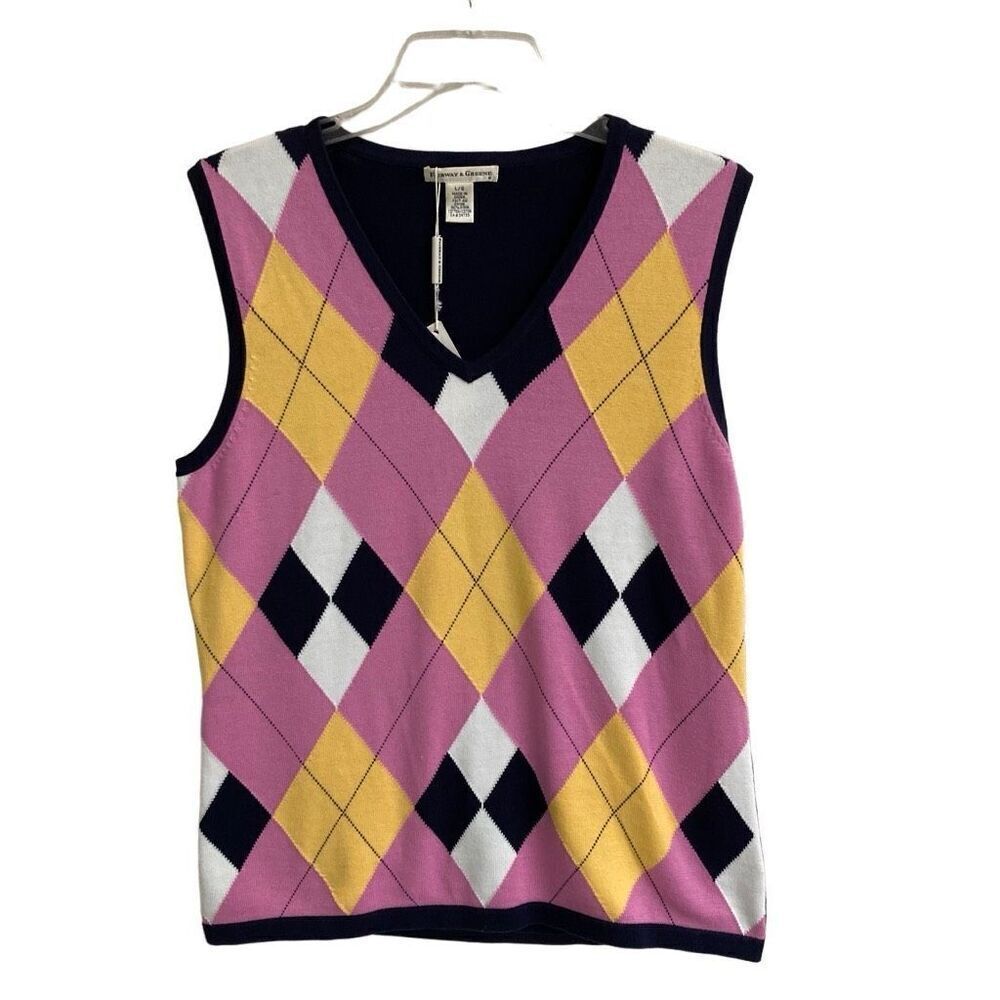 Fairway & Greene Pima cotton Argyle multi V neck vest women’s‎ L preppy golf NEW